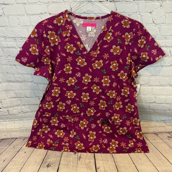 Betsey Johnson Gingerbread Bears Scrub Top - Picture 1 of 4